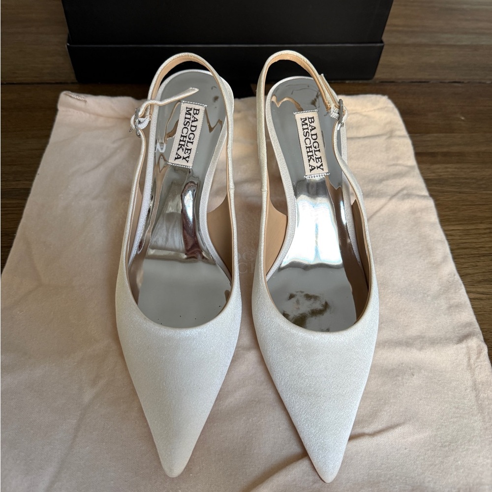 Badgley Mischka Beatrix Pointed-Toe Slingback Heels with Pearl-Beaded Heel - Picture 2 of 6